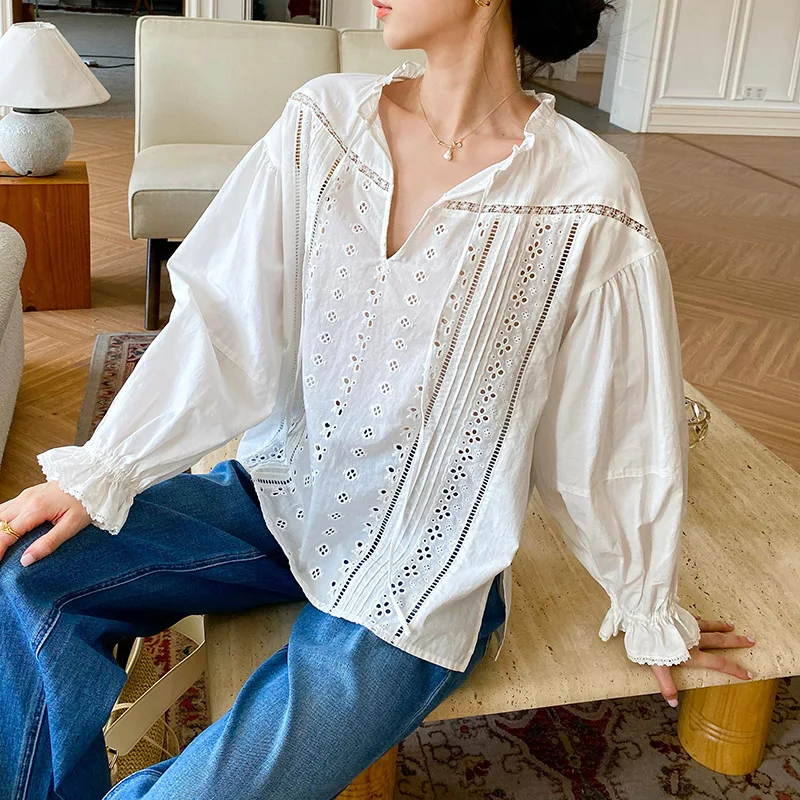 

French Style White Women Shirt Blouse 100% Cotton Loose Lace Embroidery Hollow Out Sexy Long Lantern Sleeve Ladies Top Autumn