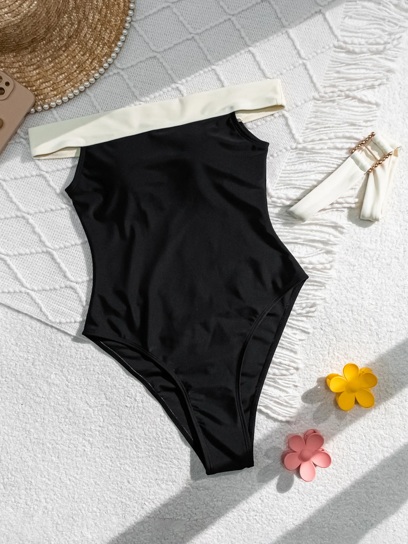 

Black Off-Shoulder One Piece Swimsuit High Cut Bodysuit with Metal Buckle Belt Sexy Bathing Suit for Women 2025 Swimming Wear
