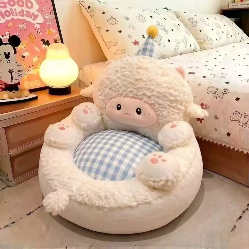 Cartoon Belly‑Out Floor Pouf Cushion with Integrated Backrest, Waist Support Thickened Floor Seat Pad for Autumn Winter, Lazy Se