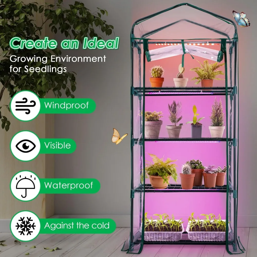 4-layer Mini Greenhouse, Indoor Greenhouse with Growth Lights, Equipped with Roller Shutter Zipper PVC Waterproof Cover and Tray