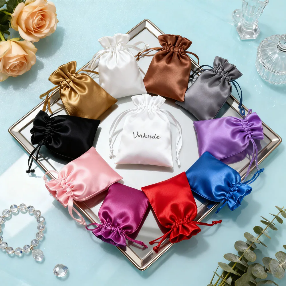 

50Pcs Personalized Logo Jewelry Satin Bag Drawstring Gift Pouch For Earrings Rings Bracelet Pendant Necklace Wig Watch Lipstick