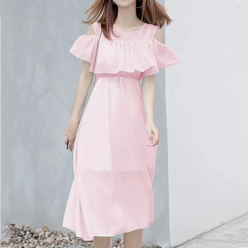 Summer New Korean Sweet Fairy Style Off Shoulder Chiffon Dress Round Neck Ruffles Fresh Solid Butterfly Sleeve Casual Dresses