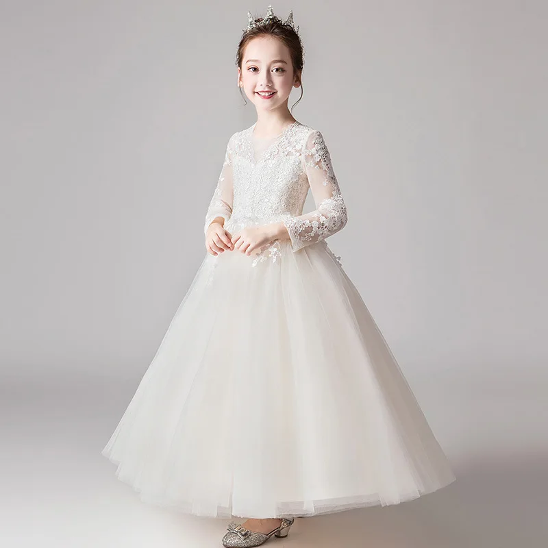 Champane Girls Long Dress Holiday V-Neck Princess Lace Flower Girl for Party Girl Clothes 3 5 7 9 11 13 14 Years RKF194017