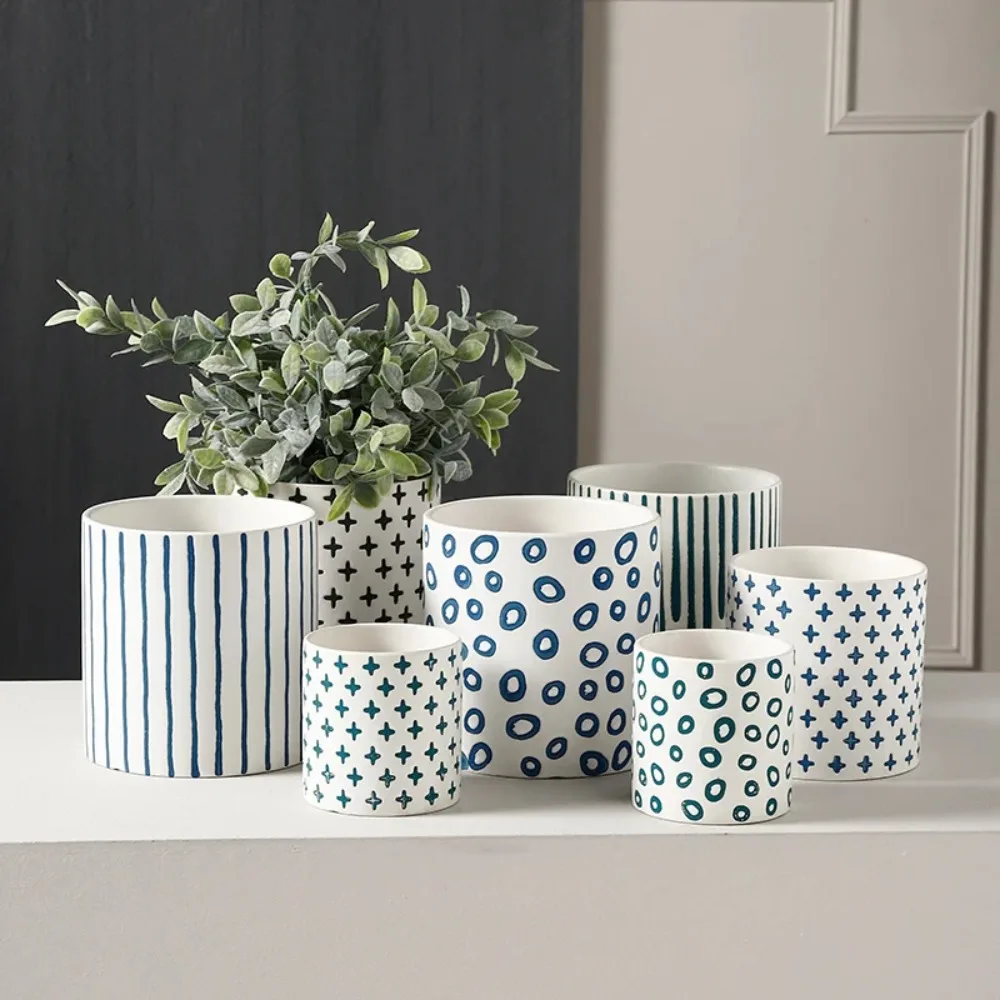 Modern Nordic Ceramic Flower Pot Living Room Interior Countertop Vase Simple Geometric Pattern Flower Plant Flower Pot Gardening