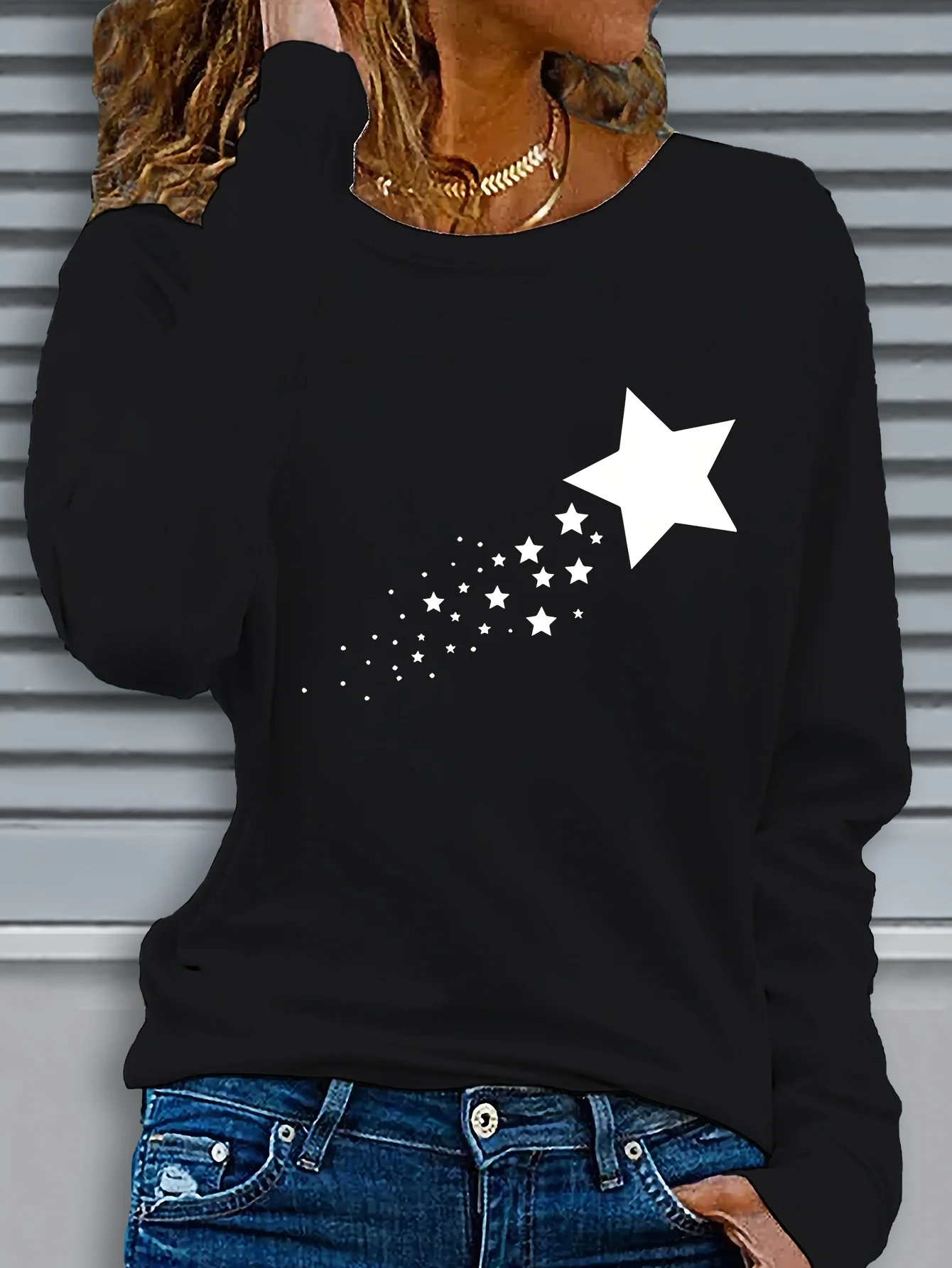 

Женская повседневная футболка с длинным рукавом с принтом звезды и солнца и луны — мягкая дышащая блузка с круглым вырезом, которую можно стирать в машине, весна-лето