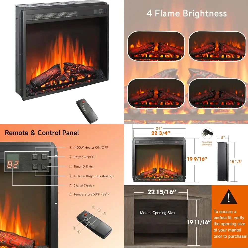 

Infrared Electric Fireplace Insert with Remote, Adjustable Flames, 8-Hour Timer, Low-Noise Heater