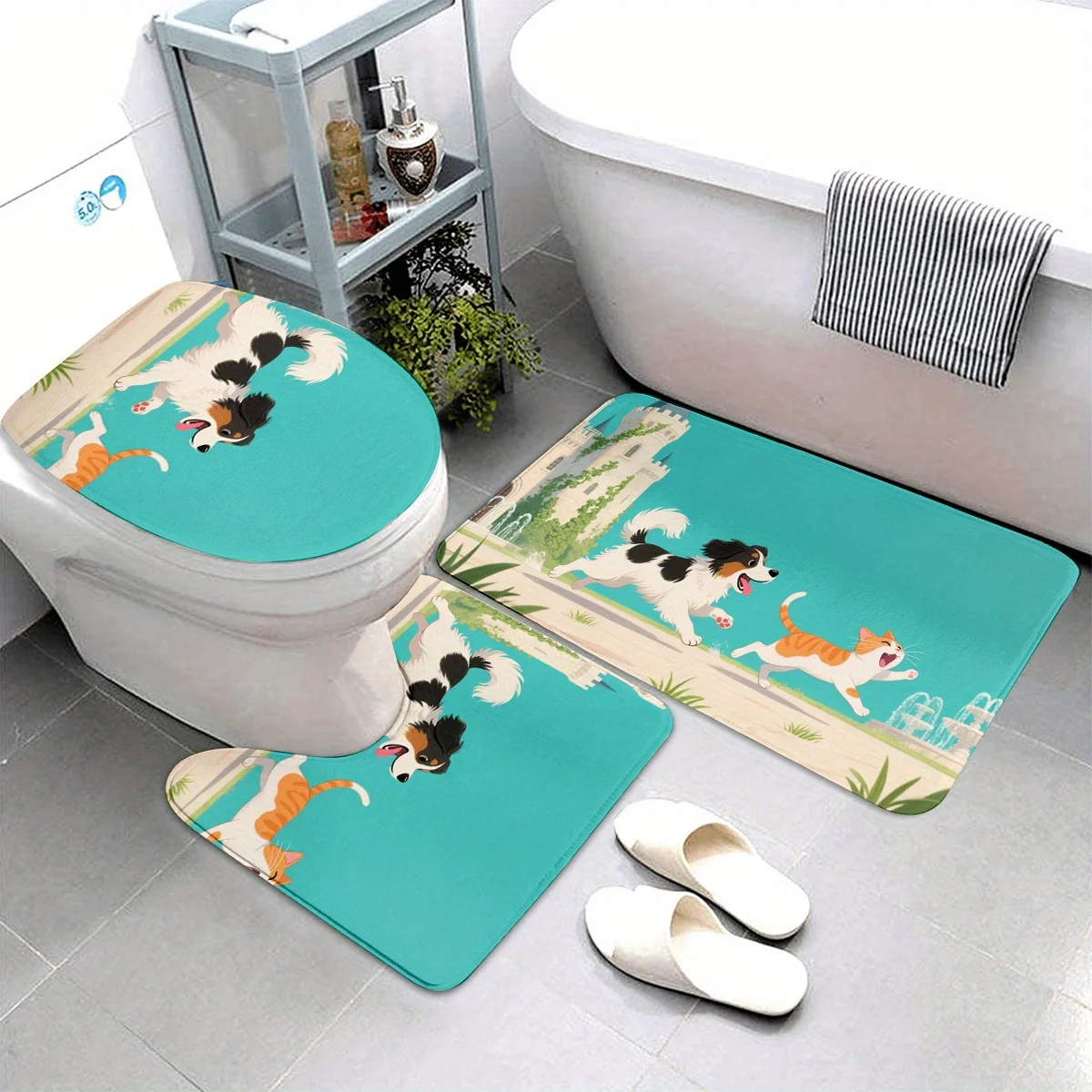 

3pcs Cute Cat Bathroom Mat Set - Soft Flannel, Washable, Machine-Made, Polyester, Ideal for Christmas & New Year Home Decor, Inc