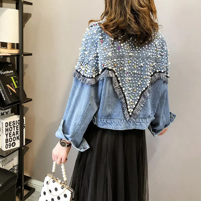 Chic Beaded Diamonds Blue Jean Jacket Fringed Loose Single-breasted Pearls Bomber Coat Long-sleeved Cardigan Streetwear Tops