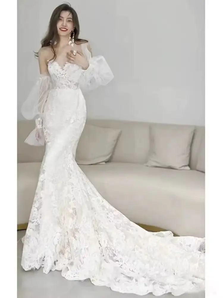 

Lace Fish Tail Light Wedding Dress 2025 New Bridal Outing Yarn French Small Tail Welcome Yarn Light Luxury Forest Style Travel