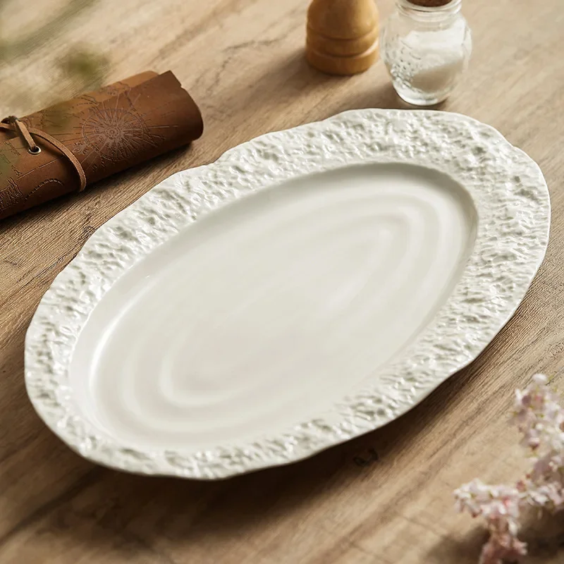 Pure White Ceramic Fish Plate, High-End Hotel Restaurant Special Tableware, High-Grade Light Luxury Plate, Oval Disk, New