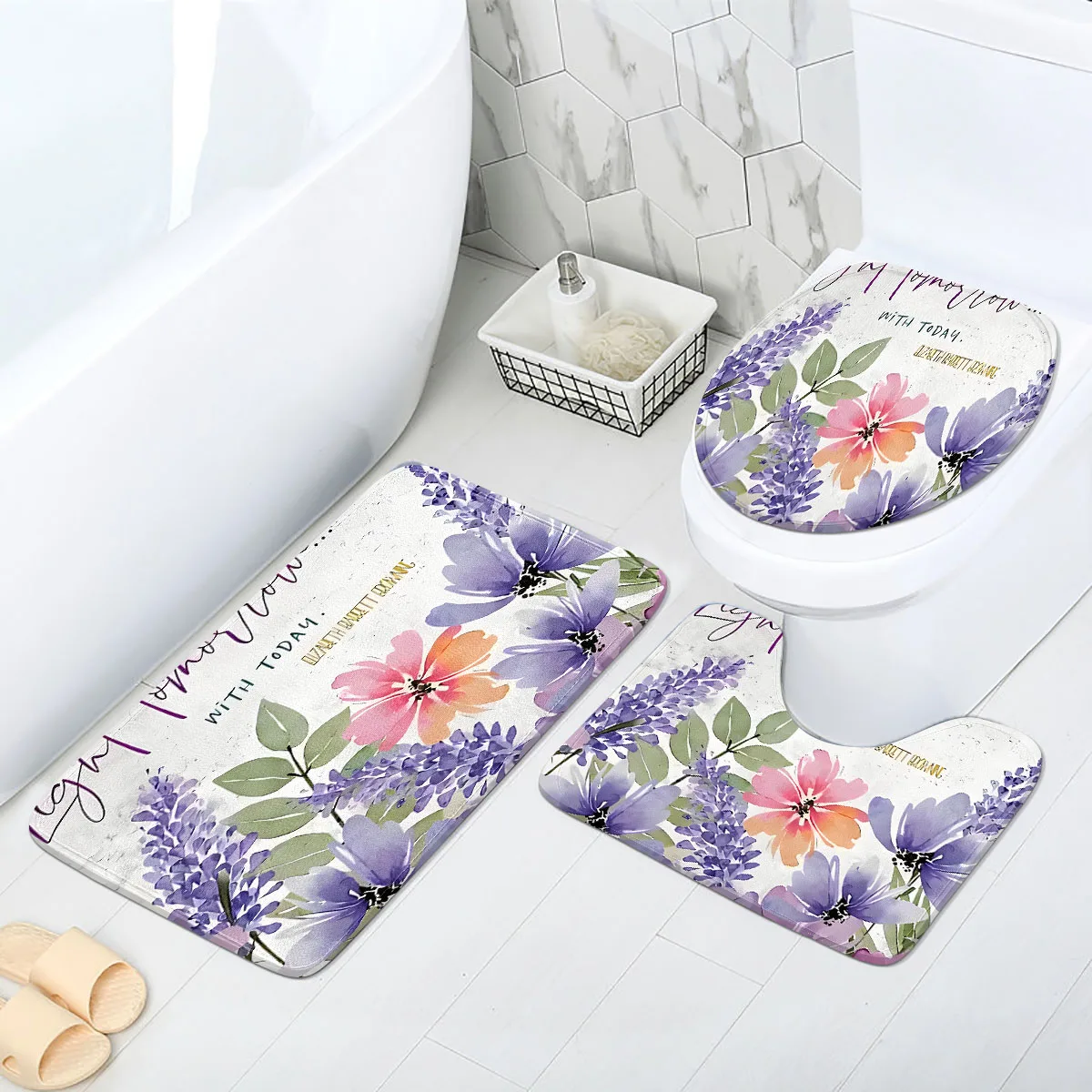 Eine sommerliche lila Lavendel-Toilette, mehrteiliges Set, rutschfeste Badezimmer-Bodenmatte, kann einzeln oder als Set kombiniert werden