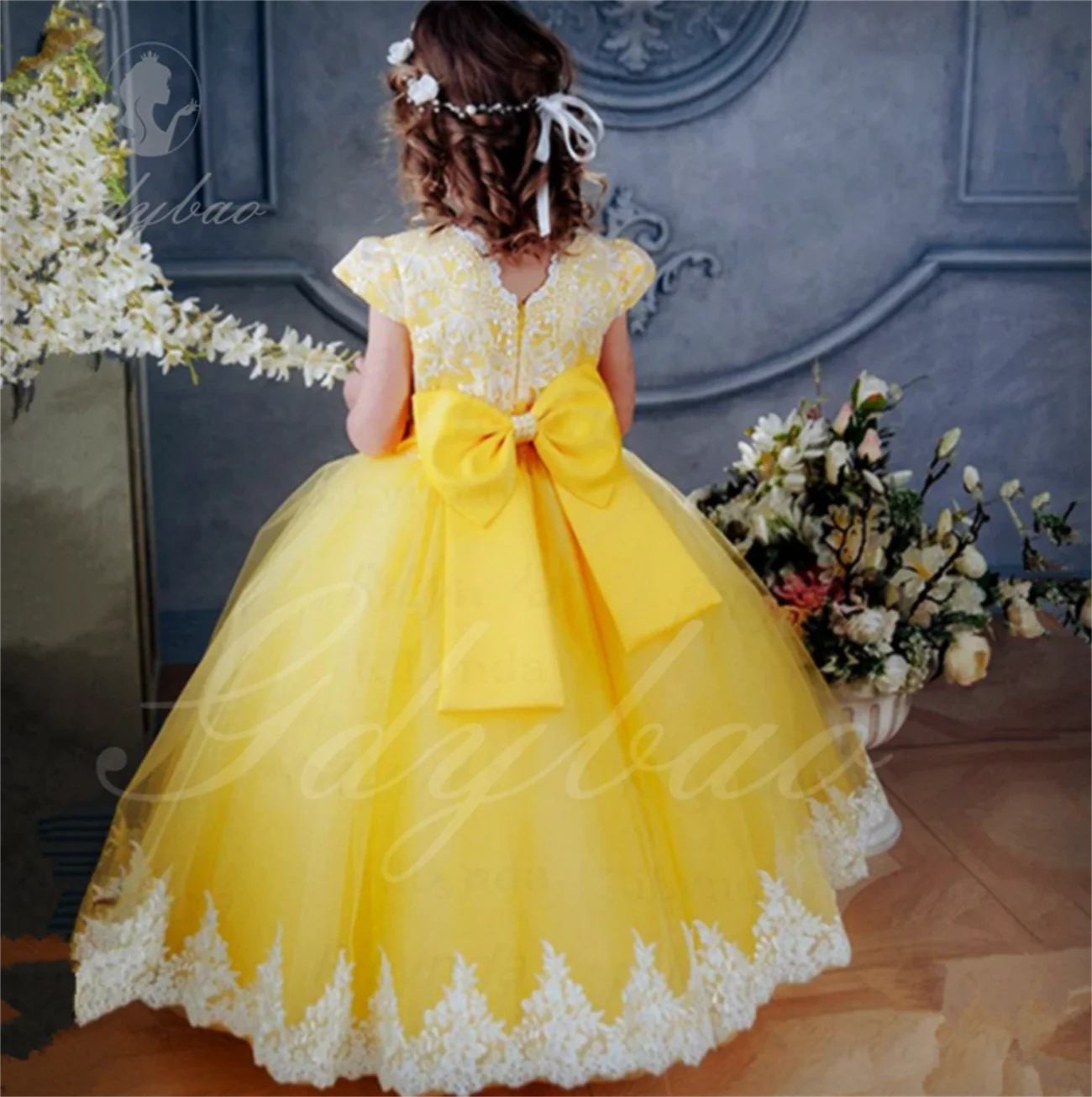 Flower Girl Dresses Yellow Flower Girl Dress,Short Sleeve Dress, Gown for Baby Birthday Party,Wedding Party Dress for Girl