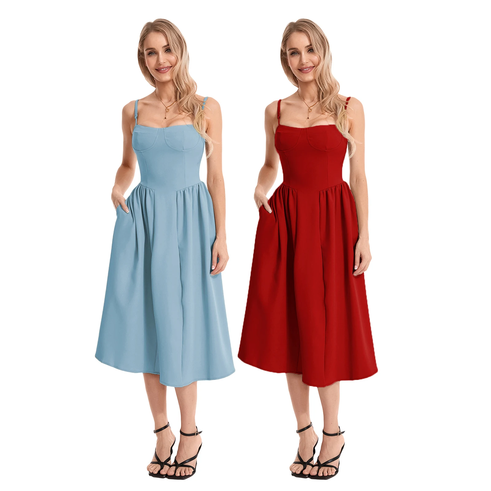 Dames Zomer Vintage Casual Effen Kleur Mouwloze Rugloze Mode Met Verlaagde Taille Laag Uitgesneden Cami A-Lijn Lange Jurk