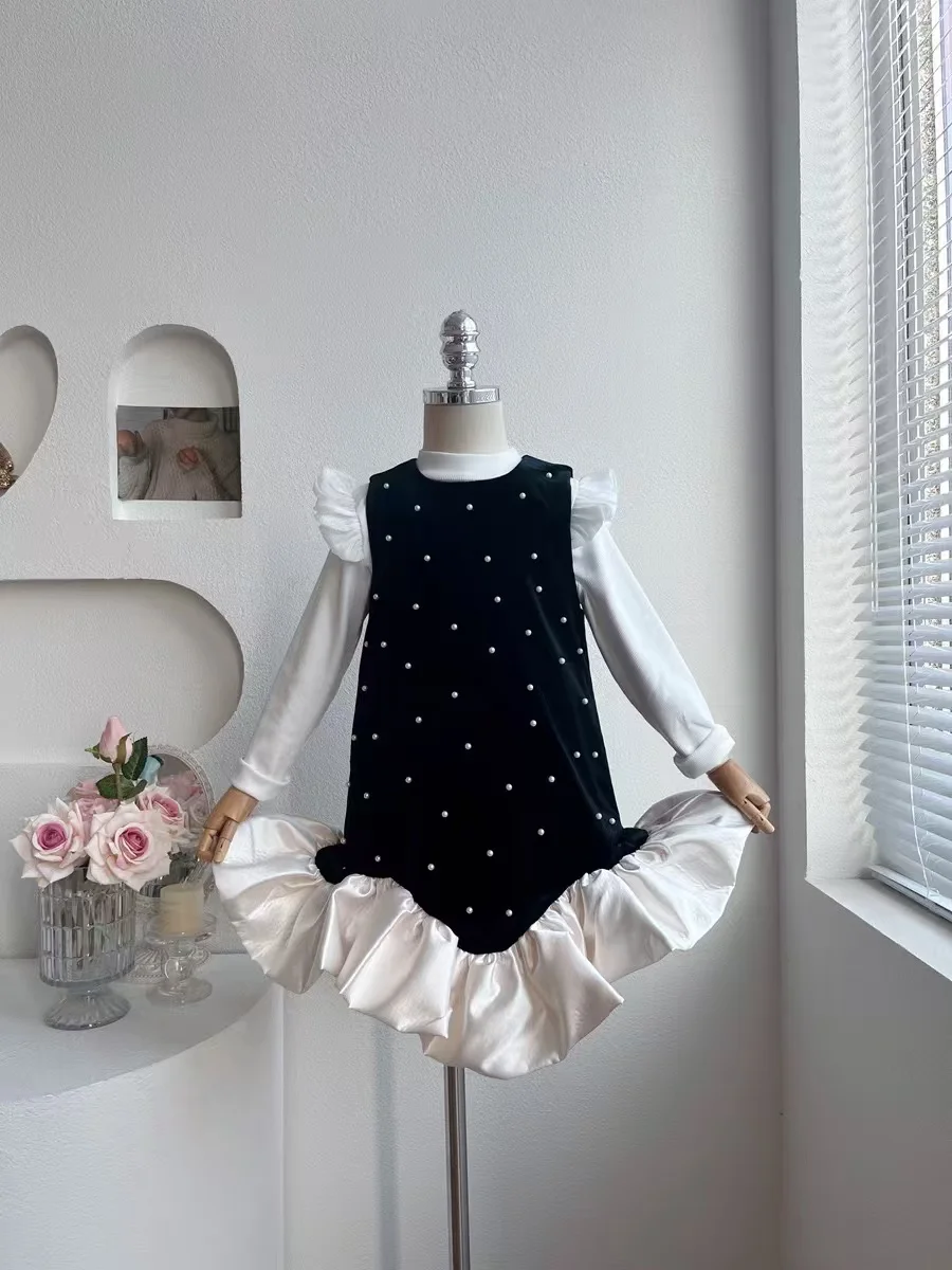 Girls' sundress Autumn New Preppy Beaded French Black Princess Dress Lotus Skirt Pure Cotton Base Cover 120-170cm