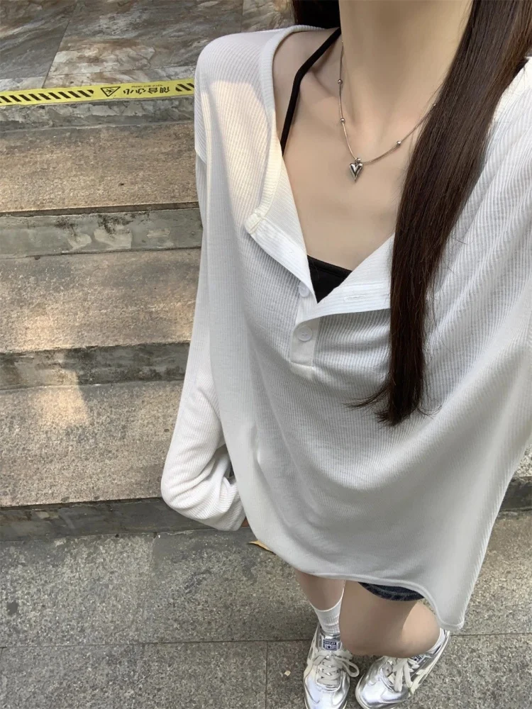 Chic Loose Fit Long Sleeve T-Shirt Half Open Collar Sun Protection Lightweight Korean Style Women's Summer New Arrival