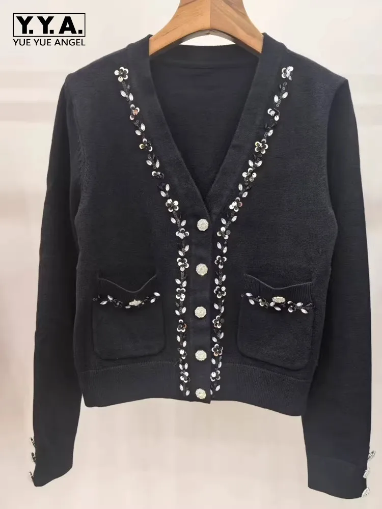 

Spring Autumn Women Slim Fit Knitted Cardigan Tops Long Sleeve V Neck Sequined Diamond Single Breasted Fashion Casual Sweater