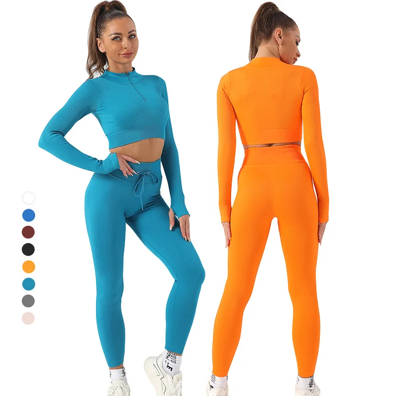 

8 Colors Available Long Sleeve T-shirts Workout Top Ribbed Leggings 2pcs Gym Set for Women