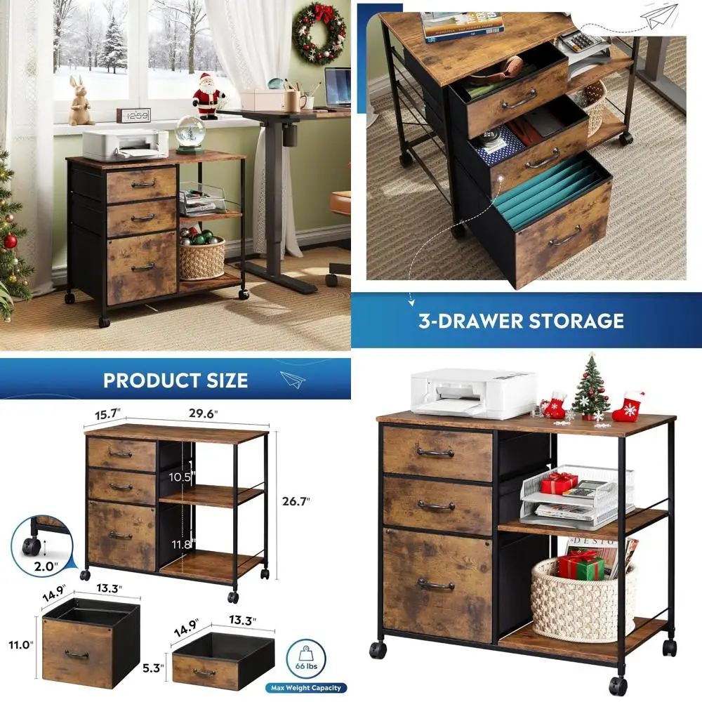 

3-Drawer Mobile File Cabinet with Printer Stand and Open Shelf, A4/Letter Size, Rustic Brown Wood Finish for Home Office