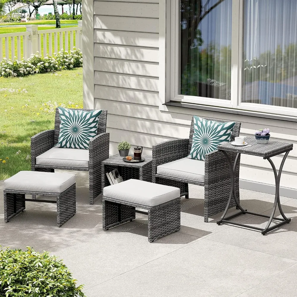 6 Piece Patio Furniture Conversation Set with Ottoman, Outdoor Grey Wicker Chair and Table Set, Balcony Furniture , White