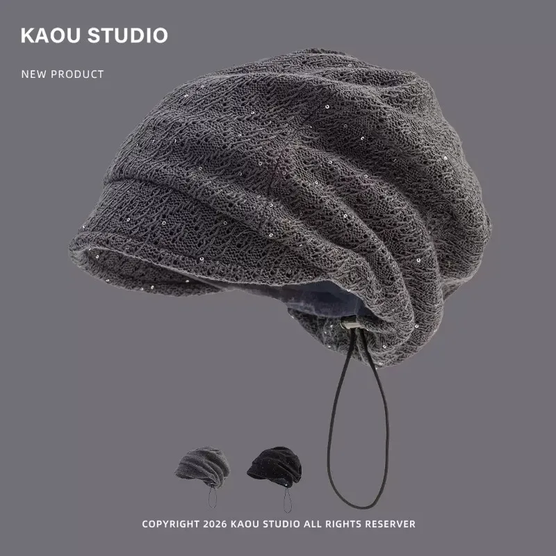 Korean Style Sequin Knitted Beanies for Women Autumn Winter Streetwear All‑Match Luxury Headwear Lazy Loose Skullies Bonnet