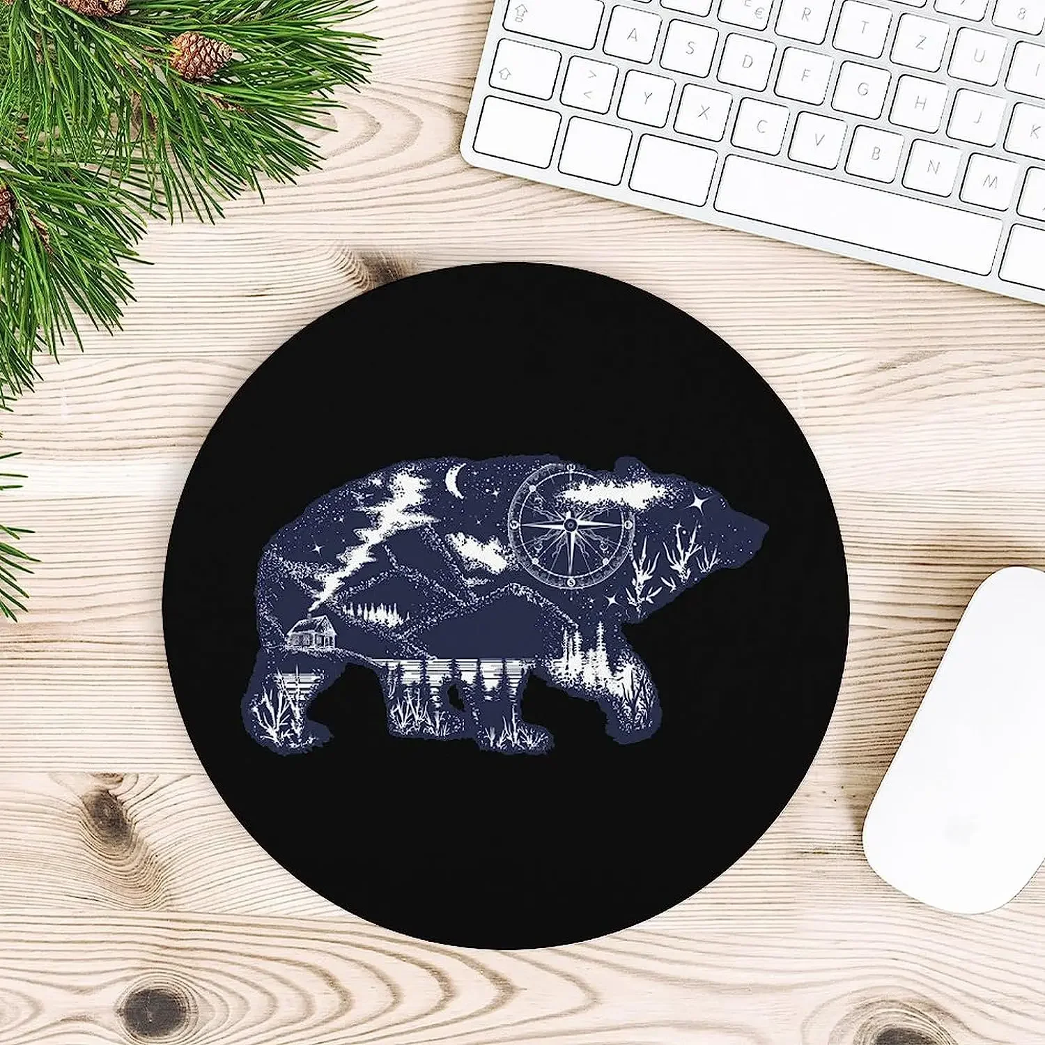 Bear Mountain Tattoo Art Round Mouse Pad Cute MousePads Non-Slip Mouse Mat for Home Office Laptop Computer Gaming 7.9×7.9 inch