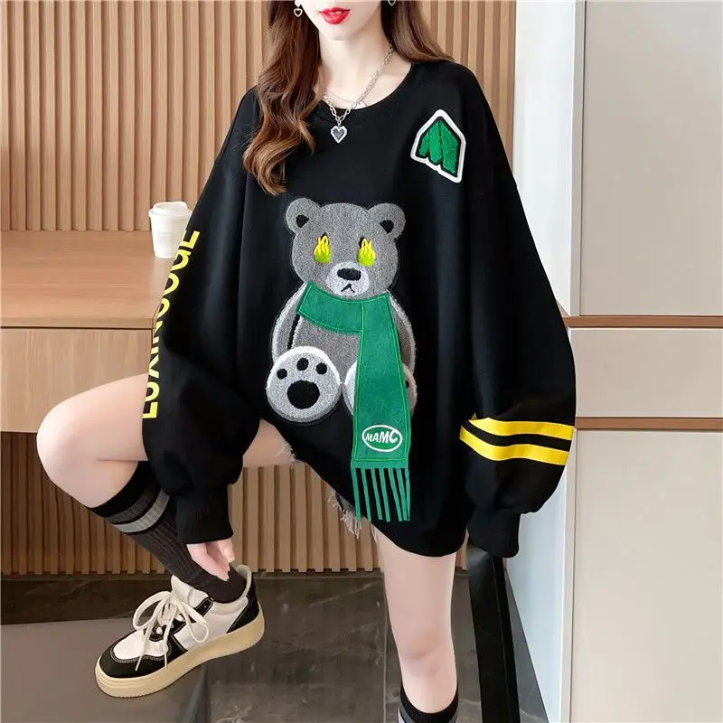 Cartoon Bear Embroidery Round Neck Sweater Women\'s Loose Autumn And Winter Plus Velvet Thick Foreign Style