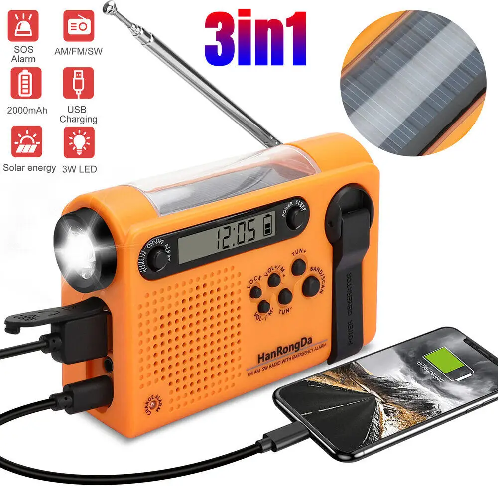 Weather Emergency Radio AM/FM/SW Portable Solar Hand Crank Radio 3 in 1 2000mAh Power Bank Phone Charger Flashlight for Camping