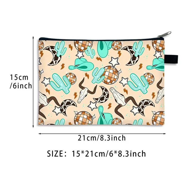 Western Cowboy Patchwork Makeup Bag Leopard Cactus Cow Skull Boot Print Canvas Zipper Cosmetic Pouch Travel Storage Bag