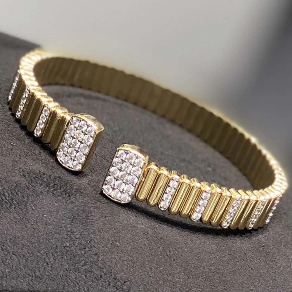 

KQDANCE Elastic 925 Silver Synthetic Zircon White Diamond Cuff Bangle Bracelets Gold Plated Fine Jewelry