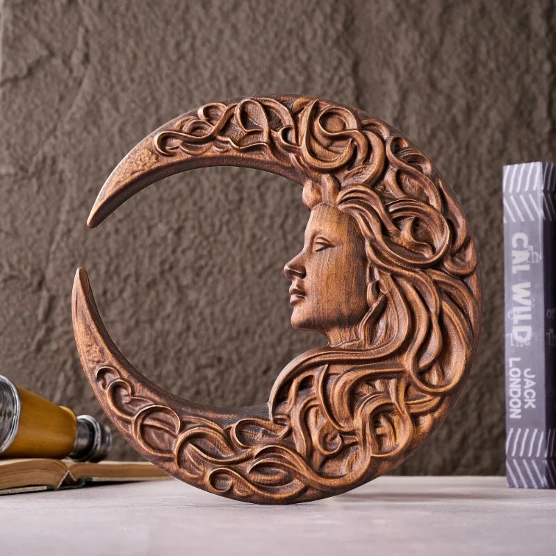 

Wood Carving Handmade Crescent Moon Woman Face Wall Decor Boho Rustic Moon Goddess Sculpture