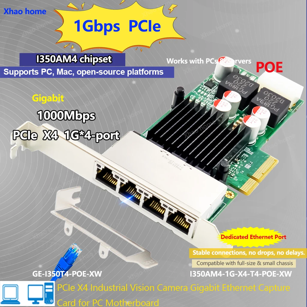 I350-T4 4-Port Gigabit PCI-E X4 NIC RJ45 for Server/Industrial, 4-Pin POE Powered, 1000Mbps Ethernet Card for Windows/Linux