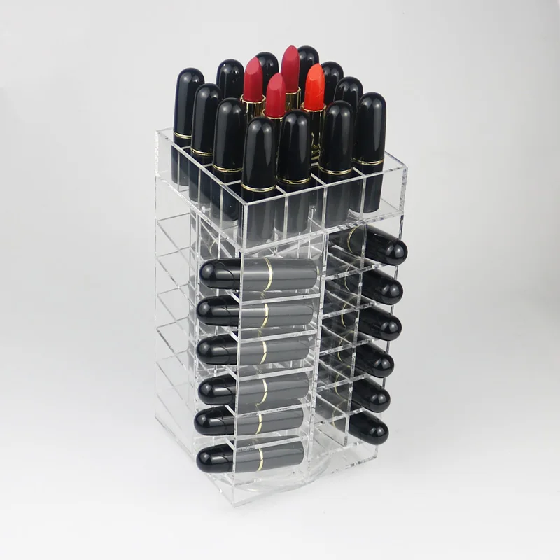 Transparent Acrylic Lipstick Box, Desktop Storage Case, 360 Degree Rotating Holder, 64 Grids