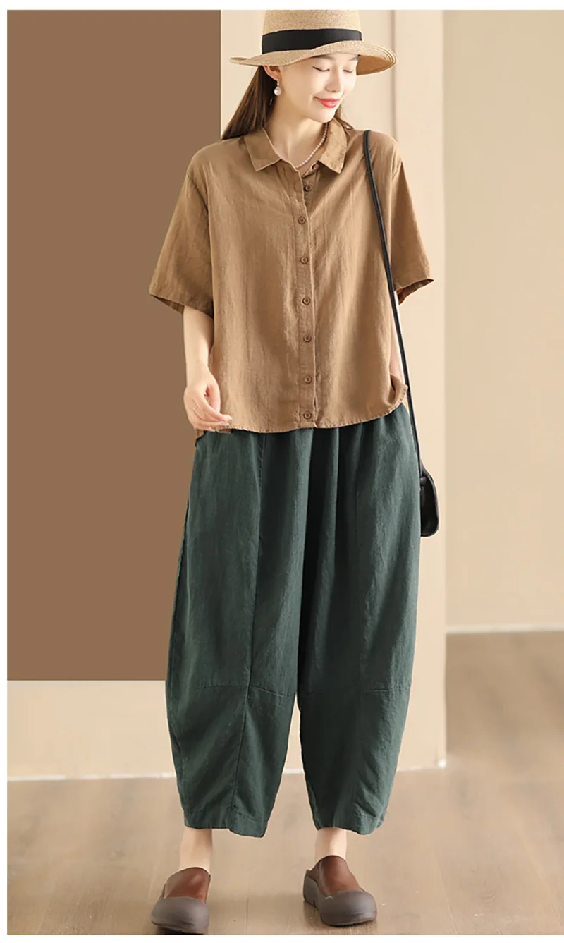 Natural Pure Linen Women's Shirt, White Short-sleeved, Simple and Elegant Top, Youthful Fashionable Street Wear Comfortable Cool