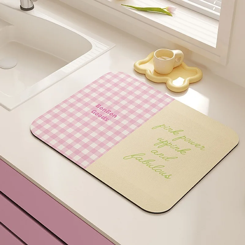 Non-Slip Super Absorbent Kitchen Draining Mat Quick Dry Multi-Scene Coffee Bar Bathroom with Cartoon Cat Checkerboard Patterns