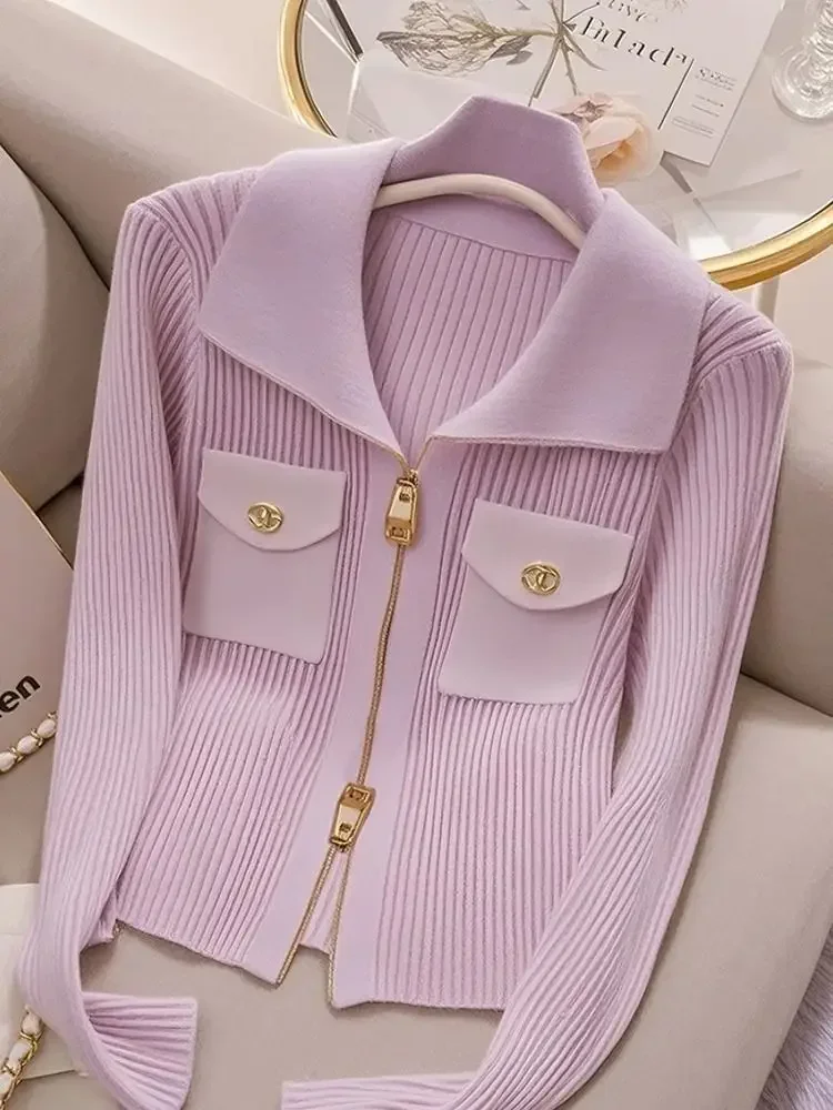 2025 moda zíper design francês rosa roxo malha cardigan para as mulheres outono novo doce emagrecimento manga longa camisola feminina topo