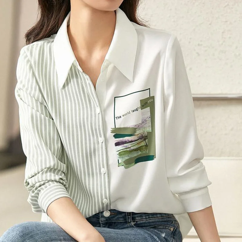 Female Casual Korean Striped Printed Spliced Blouse Fashion Commute Turn-down Collar Button Shirt Spring Autumn Women\'s Clothing