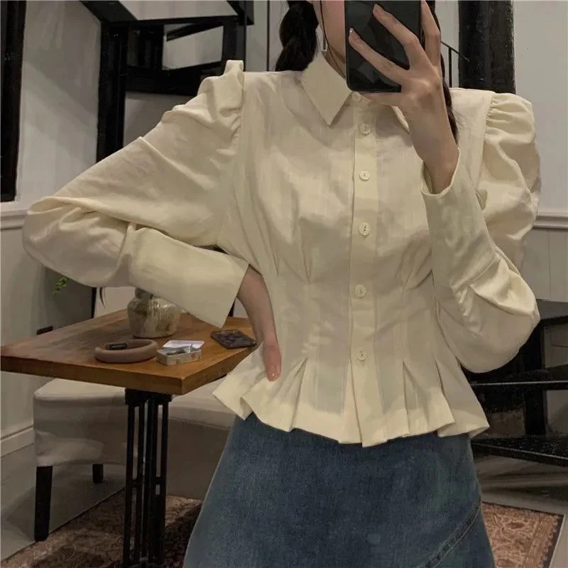 MEXZT Vintage Folds Shirts Women Korean Ruffles Puff Long Sleeve Crop Tops Streetwear Preppy Slim All Match Blouses Spring New