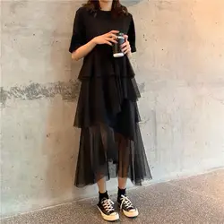 Net Yarn Patchwork T Shirt Dress Summer New Asymmetrical Solid Color Loose Casual Midi Dress Vintage Fashion Women Clothing
