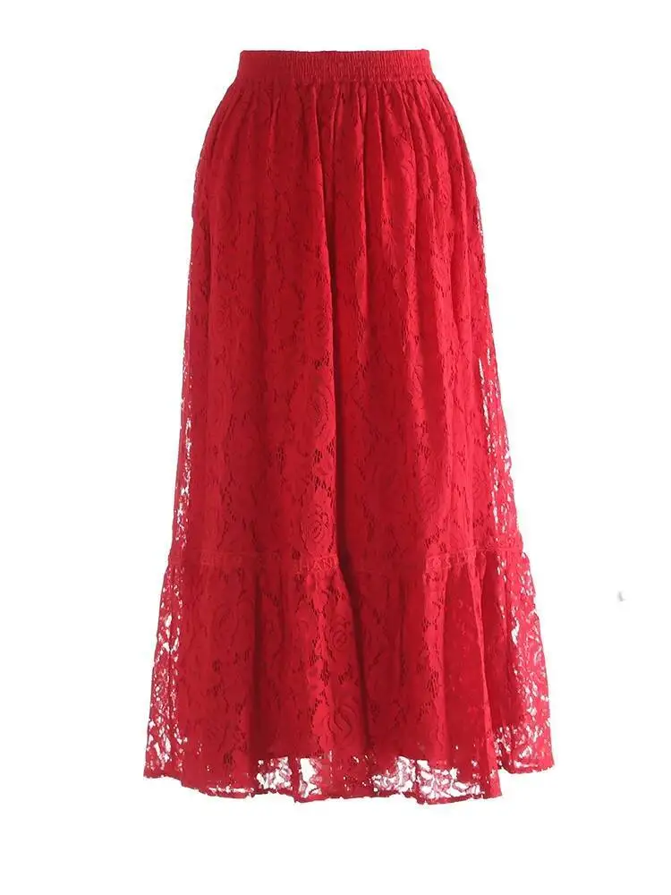 

Высокая эластичная талия, красно-белая кружевная винтажная длинная юбка трапециевидной формы до половины тела, женская мода, новинка весны и осени
