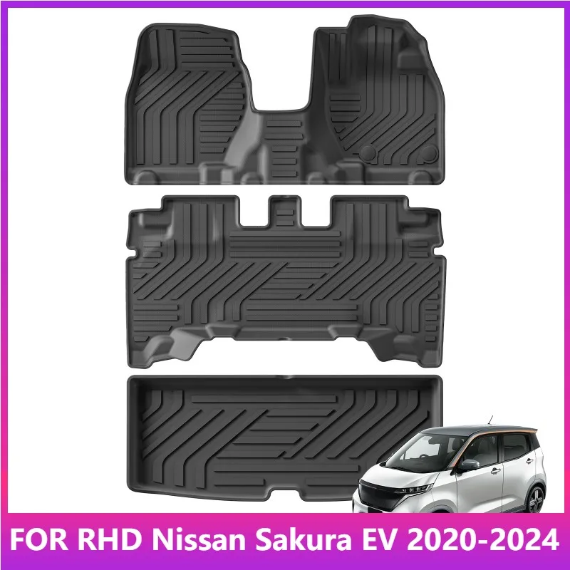 RHD-Fußmatten für Nissan Sakura EV 2020 - 2024, Rechtslenker, Kofferraummatte, TPE 3D-Fußmatte, Zubehör, SCHWARZ – Detail 1