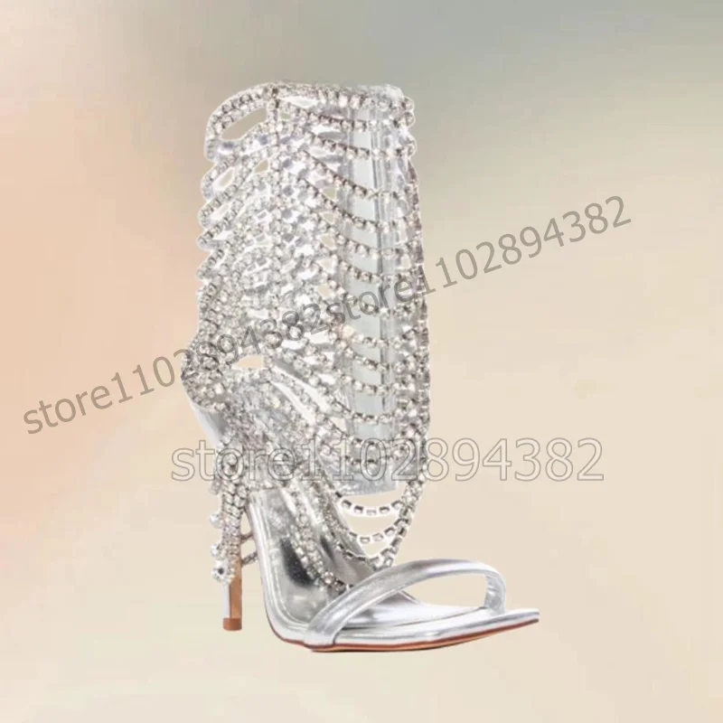 Silver PVC Crystal Chain Decor Open Toe Sandals Boots Side Zipper Women Shoes Thin High Heels Fashion 2023 Zapatos Para Mujere