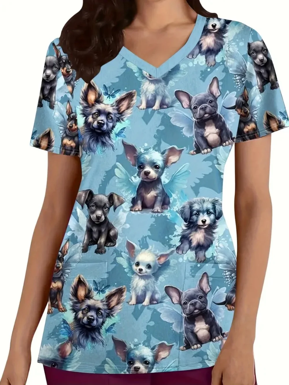 Uniforme chirurgical pour femme, motif de chat mignon imprimé, col en v, manches courtes, uniforme d'infirmière, hauts confortables avec poches, vêtements médicaux