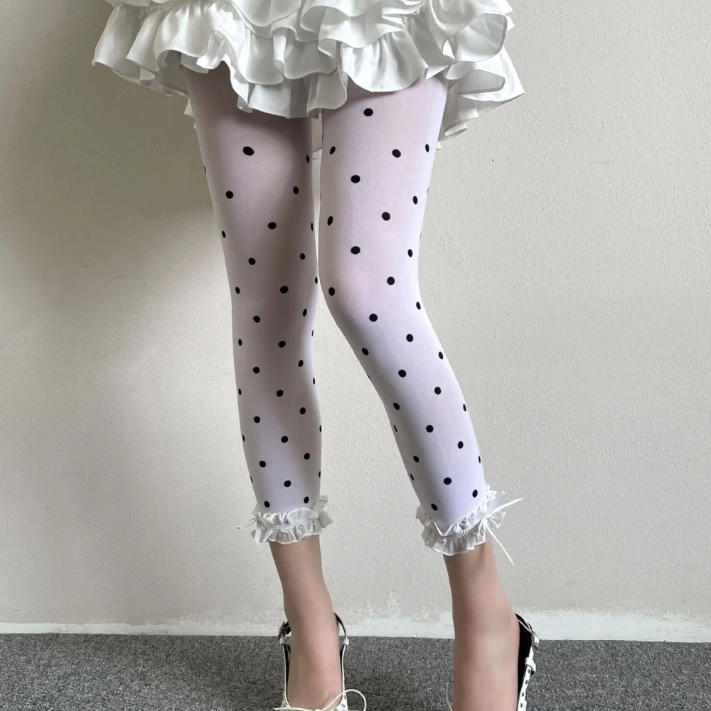 Vintage Polka Dot Lace Ruffle Capri Pants Women Stretchy Cropped Leggings Lolita Summer Sweet Streetwear Layer Under Dress