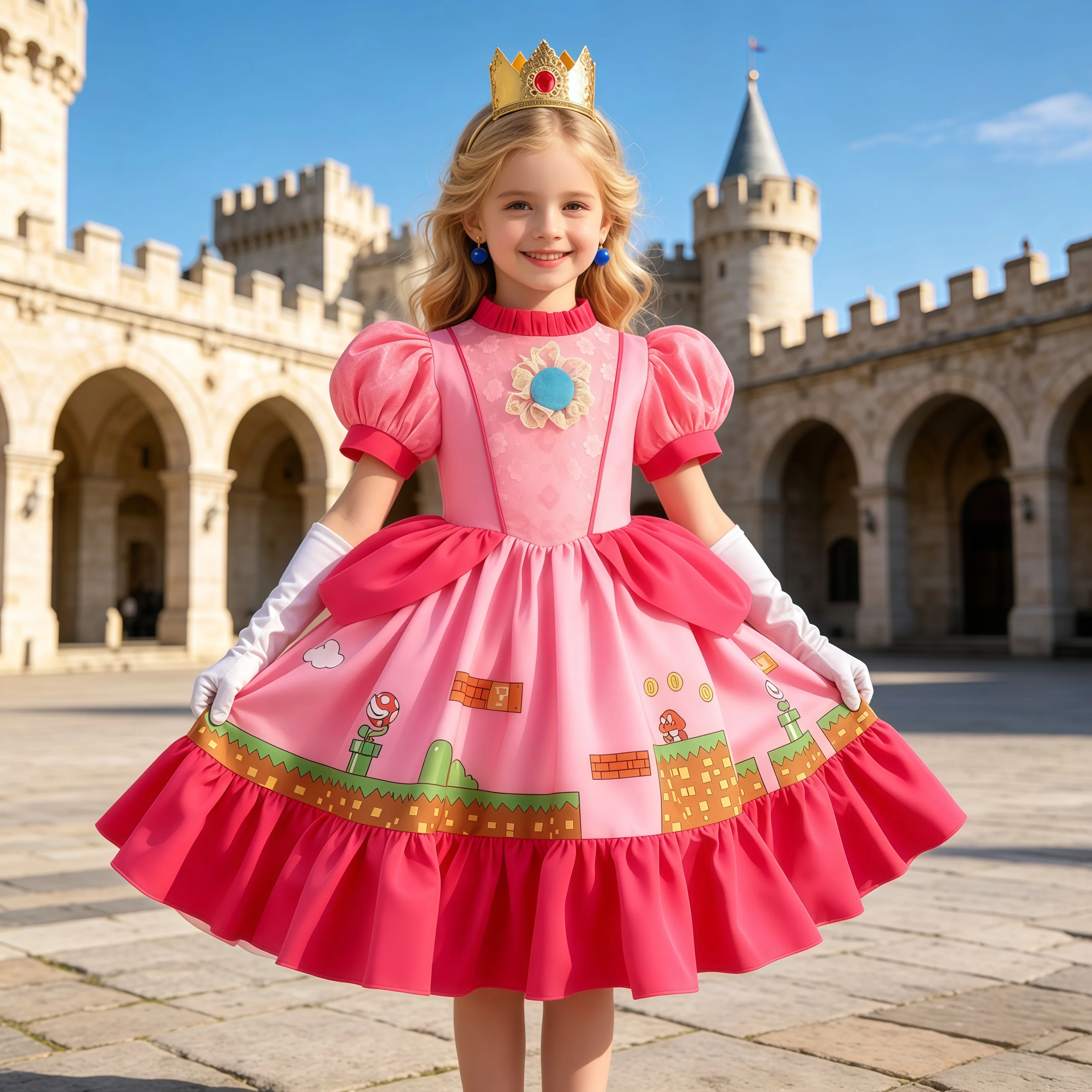Summer Peach Princess Dress Costume Girls Ball Gown With Crown Kids Cosplay Halloween Carnival Birthday Party Dress 3-10 Years