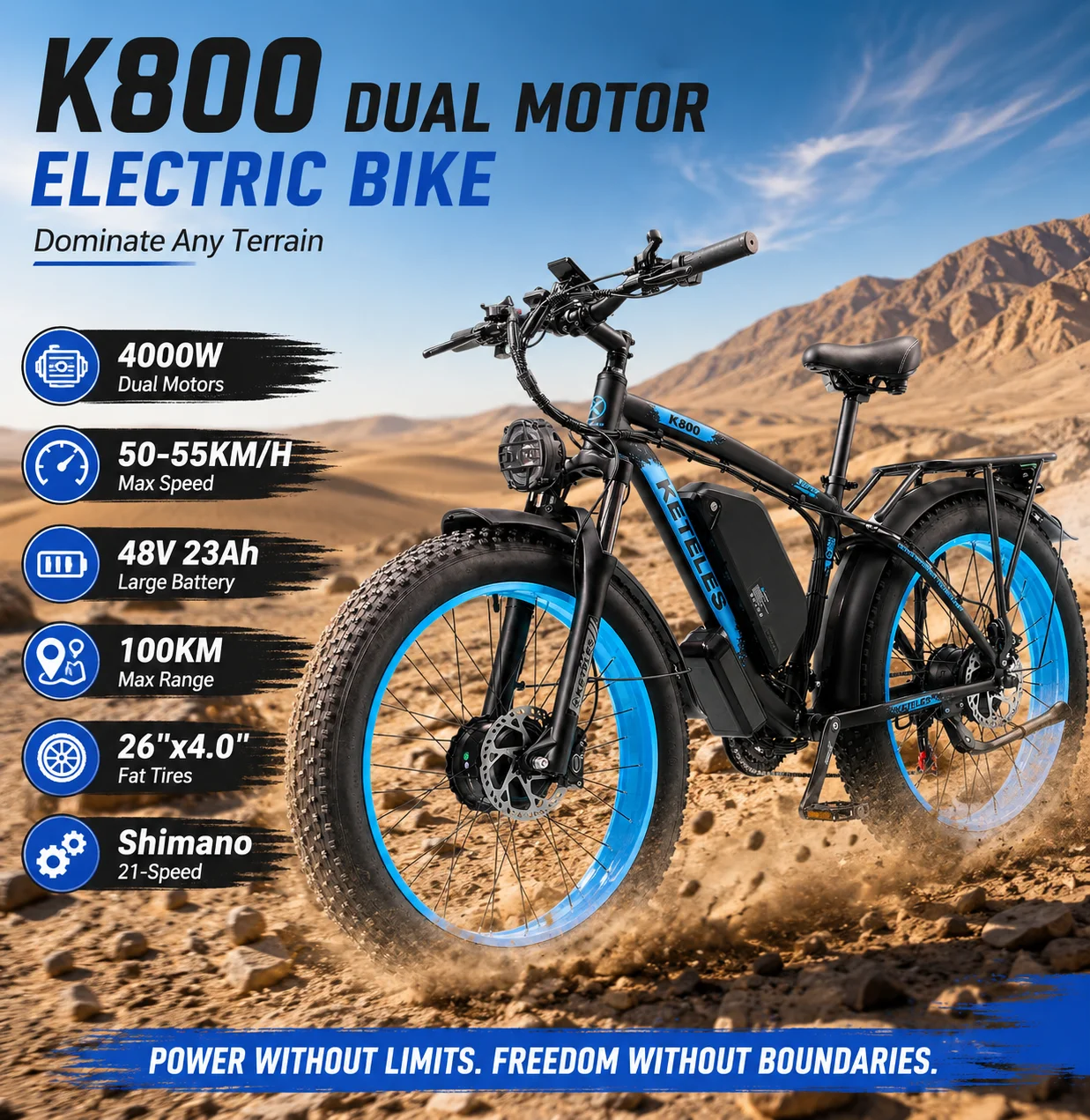 

E-Bike K800 Adult Electric Mountain Bike 2000W Dual Motor, 48V 23Ah Long Range Battery, 26” Fat Tire 50KM/H E-Bike Shimano 21-Sp