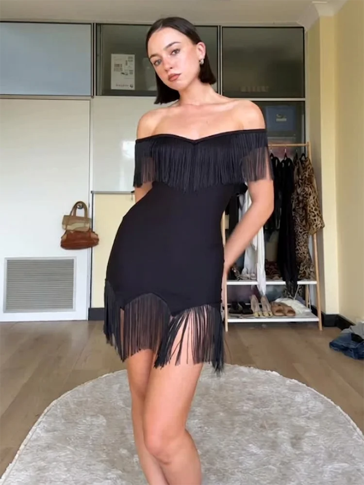 Trendix Off Shoulder Tassel Dress Women High Waist Patchwork Slim Sleeveless Maxi Dresses 2026 Party Sexy Elegant Evening Dress