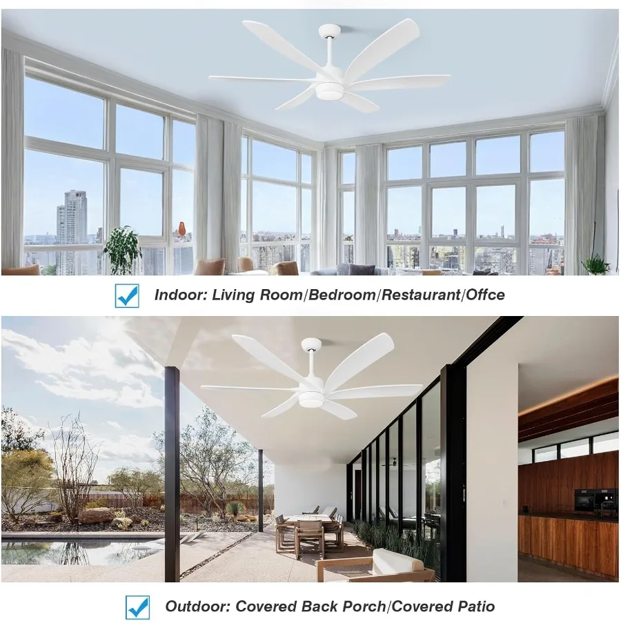 64-Zoll-Deckenventilator in Weiß mit Licht für große Terrassen im Freien, 6-flügeliges Design, geräuschloser Gleichstrommotor, hohe CFM-Leistung, modern