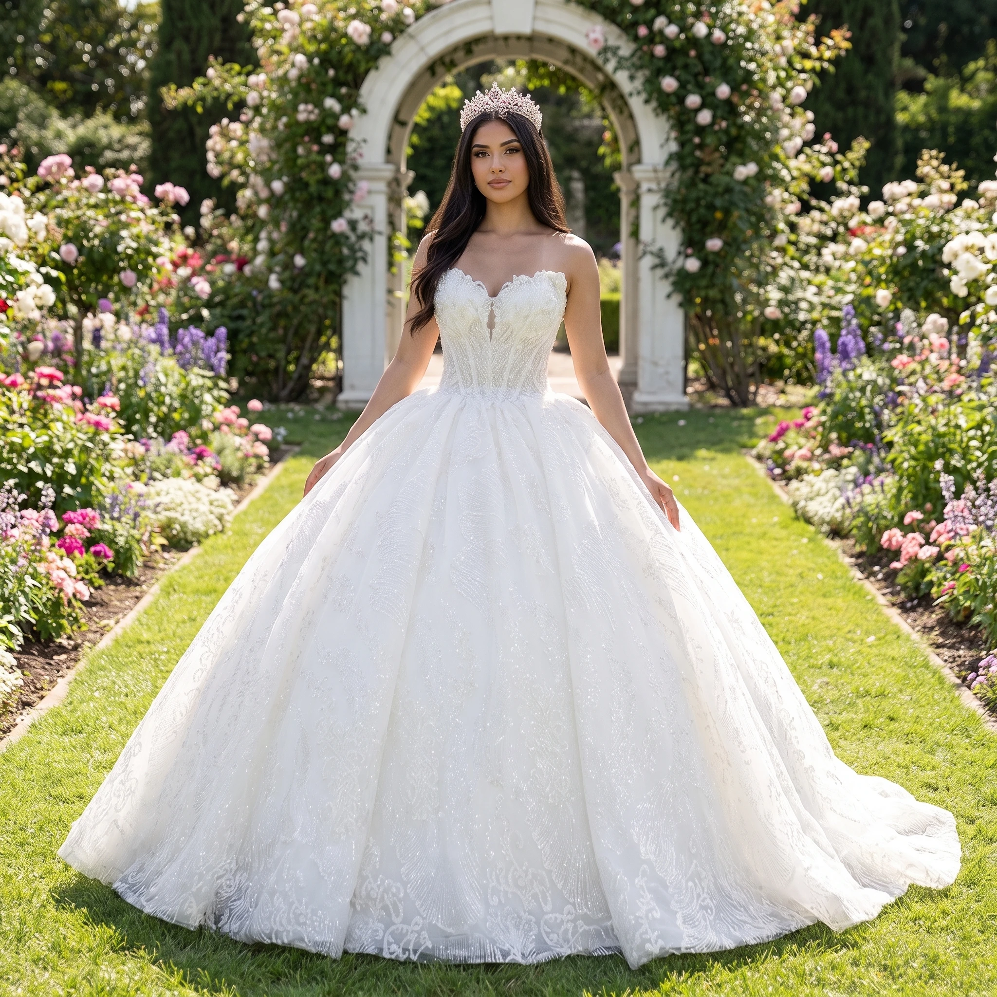 Stylish Customized Luxury Sleeveless Pearls Sequins Ball Gown Lace Up Back Wedding Dress Vestido De Novia Floor-Length DY8503