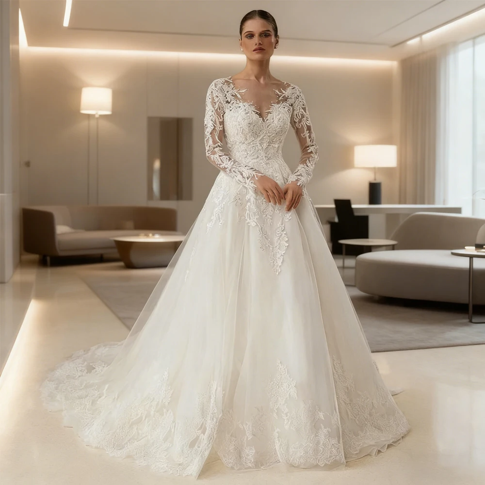 

Charming Wedding Dresses Strapless Customized Full Sleeve Bride Gown With Lace A-Line Court Train فستان حفلات Summer