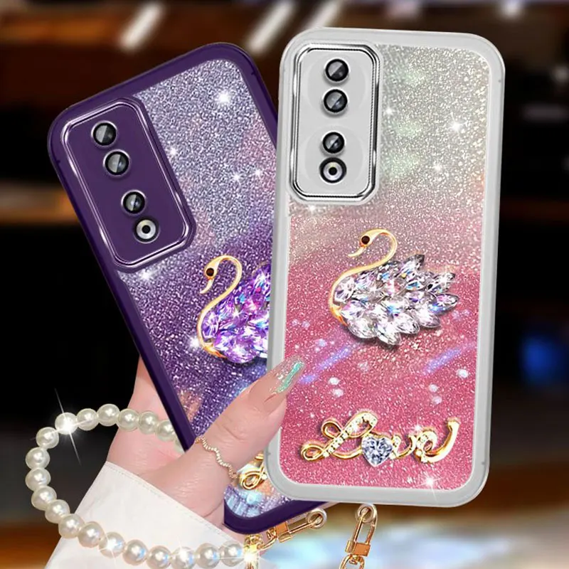 Luxury Diamond Swan Case Honor90,Cover For Huawei Honor 90 70 50 SE Pro Magic5 Lite X8 Pearl Bracelet Glitter Case Honor90 pro